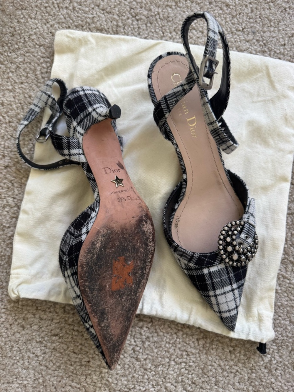 Dior Black and White Plaid Slingback Pointed Toe Heels with Jeweled Buckle - Picture 3 of 3